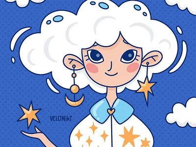 Girl Character Cartoon Illustration, Doodle Art art artist blue cartoon character childish cloud concept design doodle female girl girly illustration moon star woman