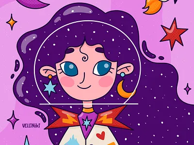 Space girl character, Doodle illustration, cartoon art art artist character childish concept cosmos design female girl hair illustration kids moon rocket space star stars woman