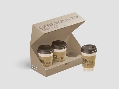 Paper Coffee Cups with a Display Box 3d box branding coffee cup design display mockup packaging paper presentation product realistic render template