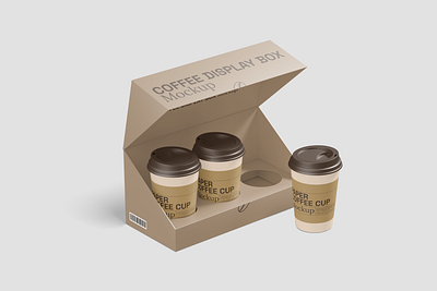 Paper Coffee Cups with a Display Box 3d box branding coffee cup design display mockup packaging paper presentation product realistic render template