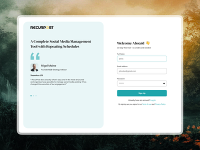 Recurpost - Sign Up page clean dashboard design figma login minimal recurpost sign up page signup with testimonial social media social media product ui ux webapp website welcome screen