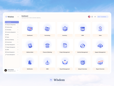 Wisdom - ERP Dashboard address book clean configurations crm dashboard erp finance get started hrm illustration minimal onboard onboarding overview payroll management project management purchasing report overview sales setup configurations