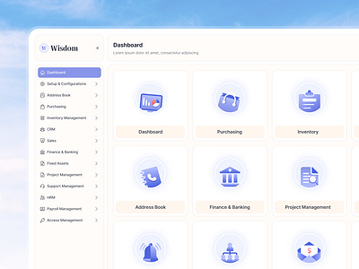 Wisdom - ERP Dashboard address book clean configurations crm dashboard erp finance get started hrm illustration minimal onboard onboarding overview payroll management project management purchasing report overview sales setup configurations