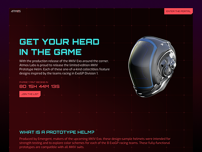 Atmos - Helm NFT Drop 3d atmos blockchain dark dark mode design drop ethereum flat gaming helm helmet mode nft prototype ui unreal ux web website