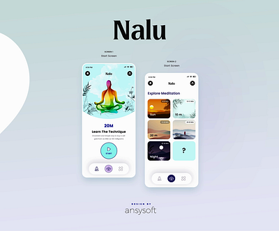 The mobile app named "Nalu" designed by Ansysoft adobephotoshop animation anxietyrelief breathingtechniques emotionalwellbeing guidedmeditation innerpeace meditationapp meditationpractice mentalclarity mindfulliving mindfulness mobileapp relaxation selfcare spiritualgrowth stressmanagement stressrelief visualization wellbeingapp