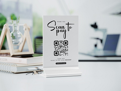 Scan To Pay Plastic Sign Mockup PSD app code digital information instant mockup pay plastic qr scan sign smartphone stand