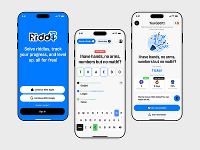 RIDDL – Daily Riddle Challenge App Design. app app design branding daily callenge daily puzzle design figma game game app game ui gaming app graphic design onboardng puzzle quizz app riddle sign in ui uiux ux