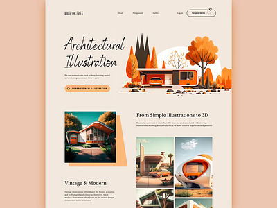 House and Trees Illustration Generator ai architectural architecture beige building generator homepage house houses illustration illustrations landing mid century mid century modern midjourney orange random tan tree trees