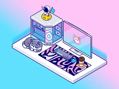 Workspace Catalyst Isometric🖥️🧑🏻‍🚀🐱 astronaut branding cat coffee computer cute desk setup doodle flat icon illustration isometric keyboard logo pc table technology working workplace workspace