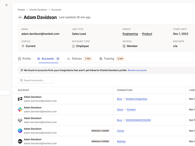 Employee Profile - Accounts Table accounts compliance detail view figma minimal oneleet product design profile saas soc2 table tabs ui web