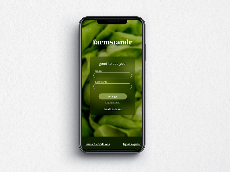 farmstandr mobile login screen app approachable branding clean design home interface login mobile modern organic photographic produce ui user interface