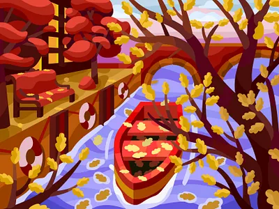 Boat on a river autumn boat colorful flat illustration pbn river vector