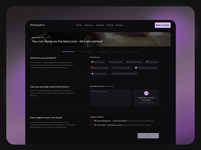 Car Service Booking autorepair bookingprocess bookingux carservice creativedesign darkmode designinspiration digitalexperience productdesign servicebooking servicedesign ui uidesign uxdesign web