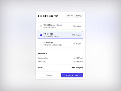 Select Storage Plan Modal • VisionUI app choose storage design light mode modal plan saas storage ui ui design uiux uiux design ux design visionui