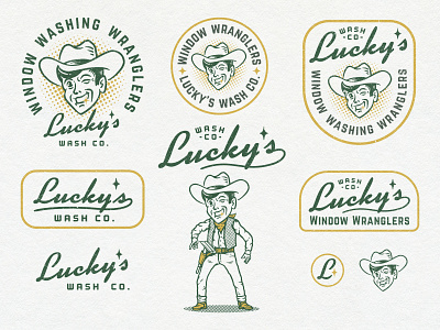 Lucky's Wash Co. - Logo set badge branding cowboy emblem graphic design icon illustration logo logo design logo set luckys mascot patch retro retro logo sticker design vintage logo window washing wrangler