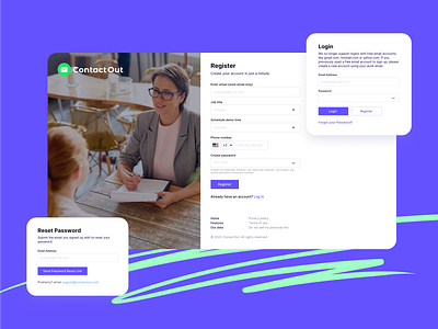 Registration and Login Pop-Ups | Contact Out account clean inputs interface interface design log in pop up product product design registration reset password service services ui ux uxui web web design web service