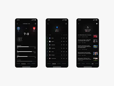 Sports App Exploration - Pt. 1 cleanui darkui footballnews footballstats matchstats minimaldesign mobileappdesign scoreboard soccerapp sportsapp sportsui standings uiux uxdesign