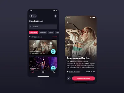 Events App app categories concert dark mode design app entertainment events app figma mobile app ui design