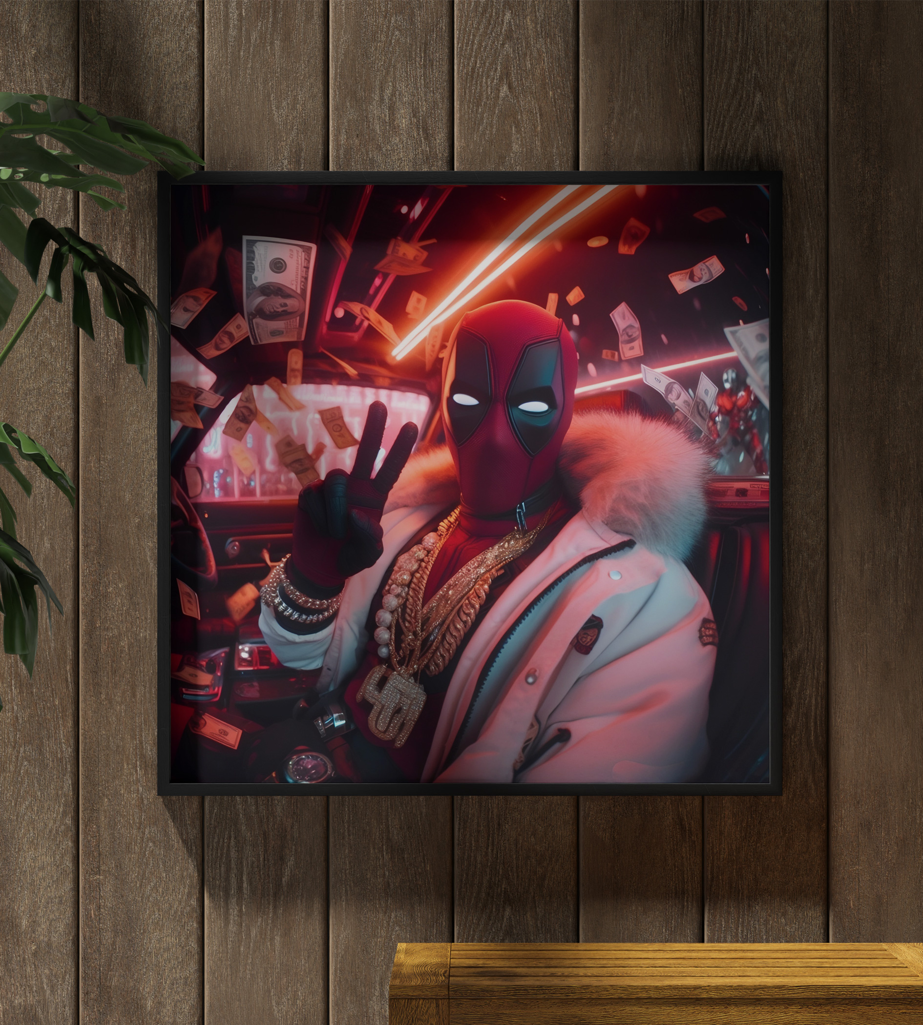 XXL Acrylic Glass Print | AI Art - "Rich Deadpool" ai ai art art branding deathpool design digital art graphic design paintings print