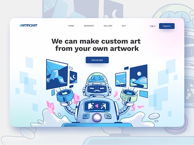 Artificiart Illustration Landingpage 🤖 ai art artificial artificial intelligence artist branding character data future illlustrator illustration landing page mining non human robot ui uiux user web website