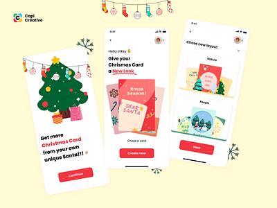 Creating Christmas Cards - Mobile App UI Concept app app design capi card cards christmas create creative design event maker mobile santa ui ui kit uidesign uiux uxdesign vector xmas
