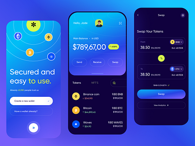 Crypto Wallet App app banking bitcoin blockchain app chart crypto cryptocurrency app exchange finance app fintech app interface nft nft app swap swap app trading ui ux wallet app