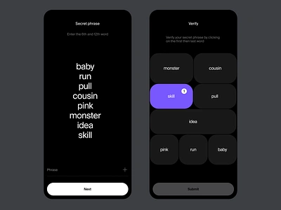 Storage app - Secret phrase & verify app application black blockchain clean crypto dark future ios mobile secret typography ui ux verify web 3.0