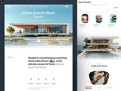 Horizon Bay Resort - Hotel Website Design branding clean design hotel hotel booking landing page luxury minimal minimalist rent resort restaurant travel ui ui design uiux ux vacation web design website