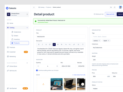 Salestic - Product Detail E Commerce add catalog clean commerce edit editable form media product quantity saas sales store upload