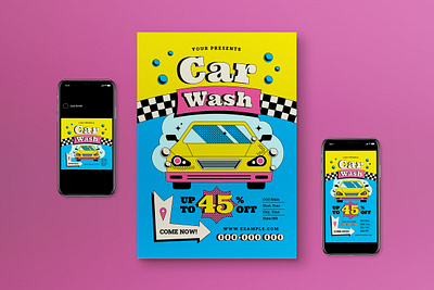 Blue Yellow Pop Art Car Wash Flyer Set blue car wash car wash flyer graphicook graphicook studio pop art social media yellow