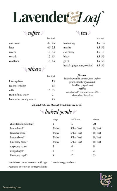 Lavender and Loaf Menu branding cafe graphic design menu