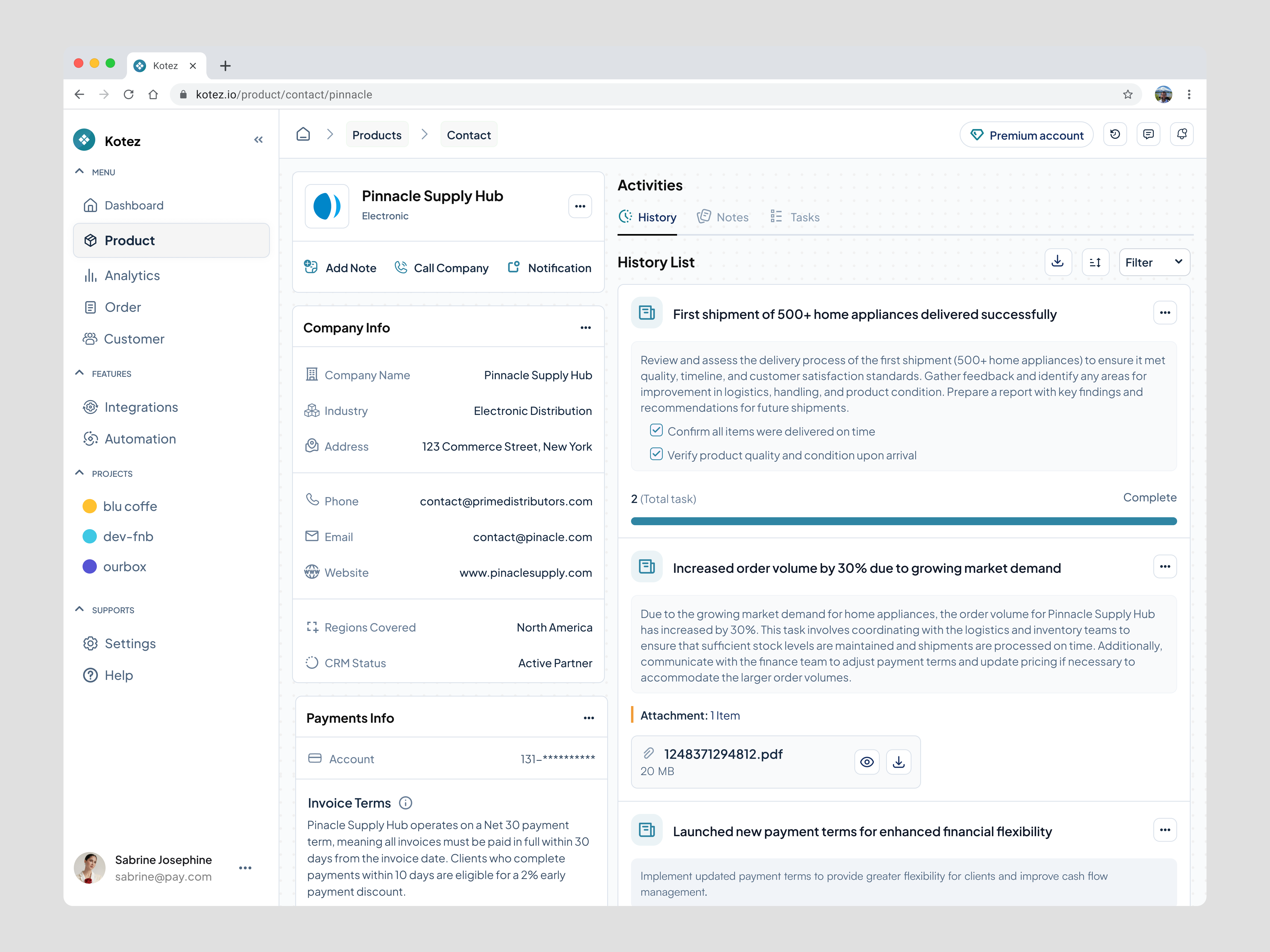 Kotez - Company Contact Page CRM Dashboard