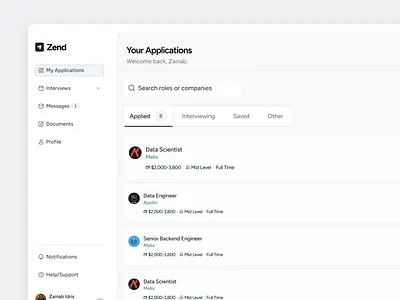 Zend - Job Application Dashboard dashboard data visualization figma product design recruitment user interface web application