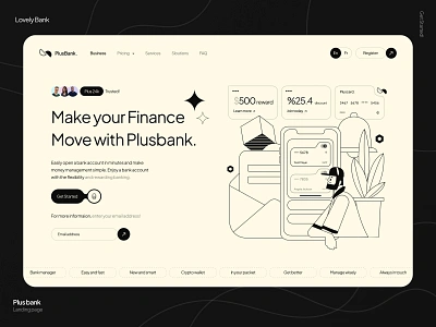 PlusBank - Landing Page balance banking business defi ecommerce finance financial fintech flat illustration hero page landing page minimal design modern design processing saas startup statistics ui ux website design