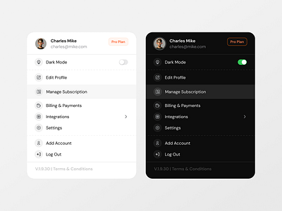 User Menu – Light & Dark Mode components dark mode figma interaction menu ui minimal ui navigation component profile ui prototypes saas ui ui designers user menu ux design