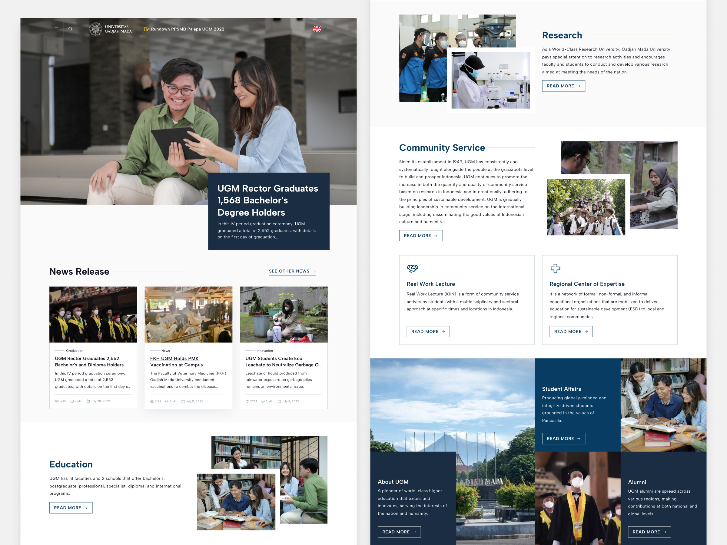 UGM Revamp - Homepage 🎓 2022 branding campus college dark blue design gadjah mada indonesia ugm ui ui design uiux university ux ux design web design