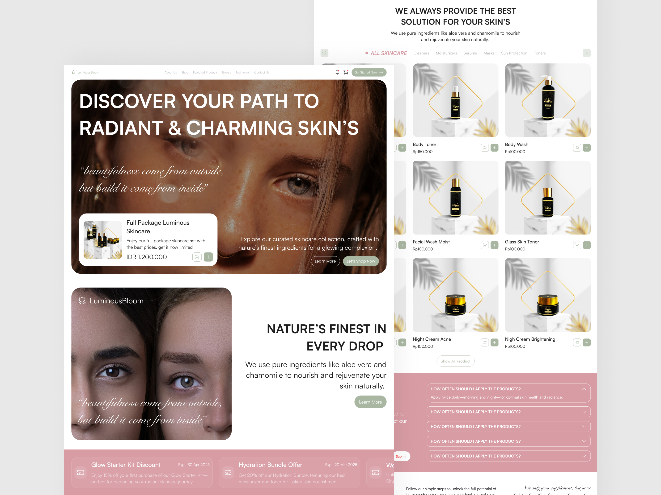 LuminousBloom - Your Skincare & Beauty Landing Page Website beautiful beauty health landing page make up skin health skincare treatment uiux uiux design web web design website website design woman