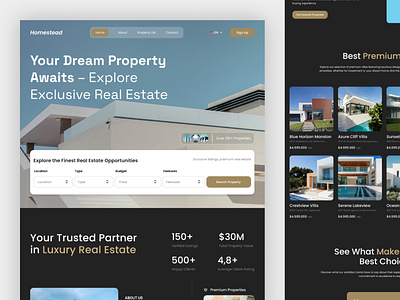 Homestead – Real Estate Landing Page agent apartment architecture booking building business clean home house landing page properties property real estate real estate agency real estate logo realestate realtor ui design villa web design