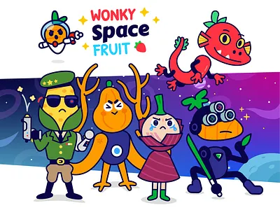 Wonky Space Fruit Project artwork branding cartoon character children cute digital fantasy flat fruits funny illustration mascot monster nft project sci fi space vector vegetables