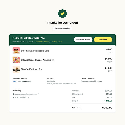 Order Confirmation / Order Summery UX bakery detail page ecom green yellow order order confirmation summery ux design