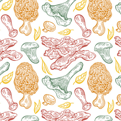 Mushroom seamless pattern colorful earthy edible engraving funky illustration line art morel mushroom mushrooms nature pattern pattern design print repeat retro seamless wallpaper wild wood cut