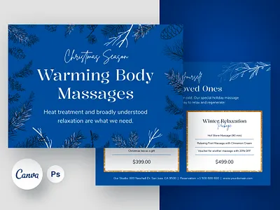 Aesthetic Beauty Salon Card Canva and Photoshop Template beautician flyer beauty salon beauty voucher blue card canva template christmas card digital product esthetician flyer flyer design flyer template gold template holiday card massage massage offer photoshop template price table template pricing template spa offer spa salon voucher template