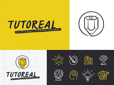 Tutoreal Online Education | Brand Visual Identity art brand branding design education graphic design hand drawn icons illustration learn logo logo design online course pencil school teach teacher tutor vector yellow