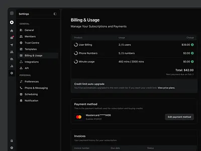 Billing & Usage Settings / Dark Mode billing card credit dark dashboard invoices mode phone settings sidebar usage