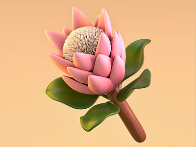 3D King Protea Flower Design 3d 3d abstract art 3d art 3d art work 3d design 3d flower 3d model 3d rendering clean digital art floral design king protea flower leaves nature pink flower plant smooth soft soft lighting solid background