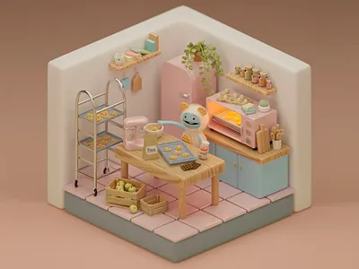 Cozy Kitchen 3D Interior Design 3d 3d abstract art 3d art 3d design comfort coziness cozy home cozyy kitchen graphic design home home interior ingredients interior design kitchen design kitchen interior micro living miniature kitchen soft colors tiled floor warm colors