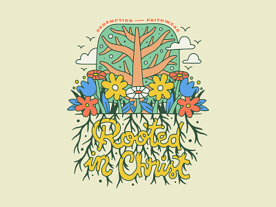 Rooted in Christ christ church design flower god handmade illustration jesus lettering merch rooted in christ script shirt t shirt texture tree type typography