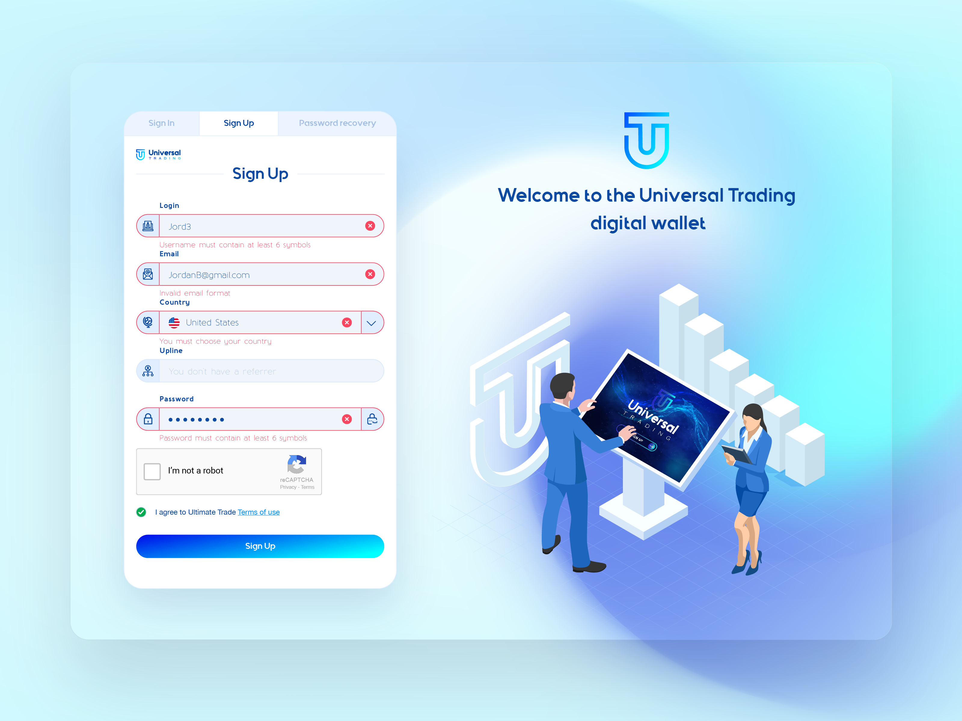 Sign In Sign Up Recovery Page Design branding crypto dashboard finance illustration investment login form login page login screen product design registration form registration page saas saas design saas website sign in sign up user interface web design web3