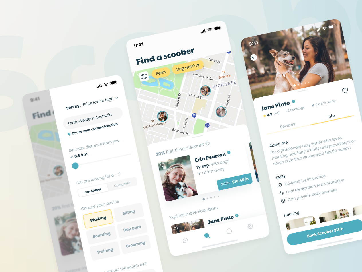 Scoober – the best care for your best friend! app caretaker caretaking design dog dog owner dog walking dogs message message template mobile pet pet care pets product design prototype sitting uber ui ux