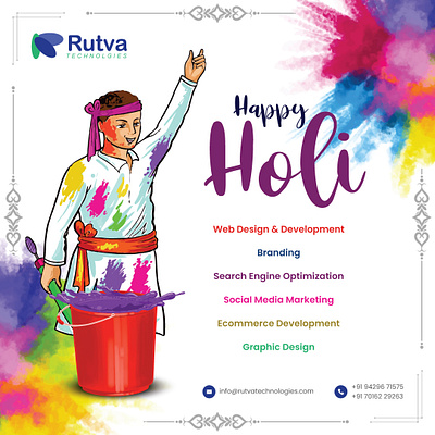 Rutva Technologies - Happy Holi ecommerce development graphic design krunal soni post design rutva technologies seo social media post uiux design web design web design in bharuch web design in gujarat web design in surat web design in vadodara web design near me website